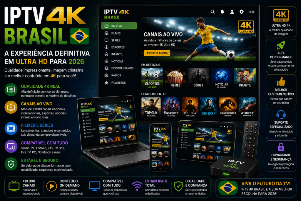 IPTV 4K Brasil exibido em Smart TV, notebook, tablet e smartphone com canais ao vivo, filmes, séries e esportes em resolução Ultra HD 4K para 2026.