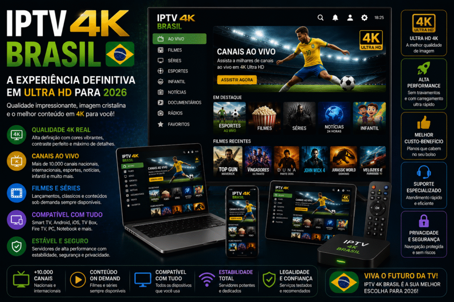 IPTV 4K Brasil exibido em Smart TV, notebook, tablet e smartphone com canais ao vivo, filmes, séries e esportes em resolução Ultra HD 4K para 2026.