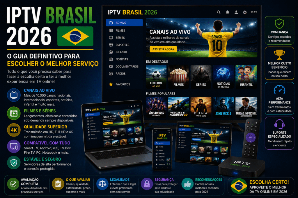 IPTV Brasil 2026 exibido em Smart TV, notebook, tablet e smartphone com canais ao vivo, filmes, séries, esportes e transmissão em HD, Full HD e 4K.