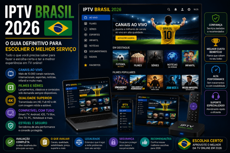 IPTV Brasil 2026 exibido em Smart TV, notebook, tablet e smartphone com canais ao vivo, filmes, séries, esportes e transmissão em HD, Full HD e 4K.
