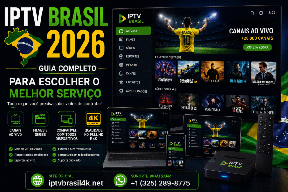 IPTV Brasil 2026 exibido em Smart TV, notebook, tablet e smartphone com canais ao vivo, filmes, séries, esportes e transmissão em qualidade 4K.