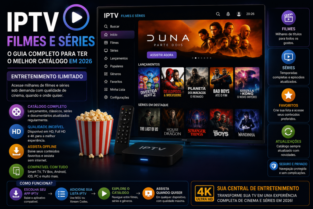 IPTV Filmes e Séries exibido em uma Smart TV moderna com catálogo de filmes, séries populares, conteúdo sob demanda e qualidade HD, Full HD e 4K em 2026.