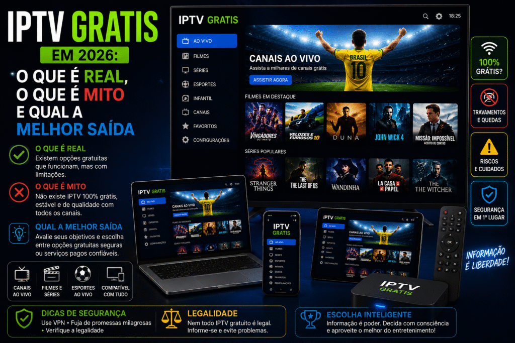 IPTV Grátis em 2026 exibido em Smart TV, notebook, tablet e smartphone com canais ao vivo, filmes, séries e informações sobre mitos, verdades e alternativas disponíveis.