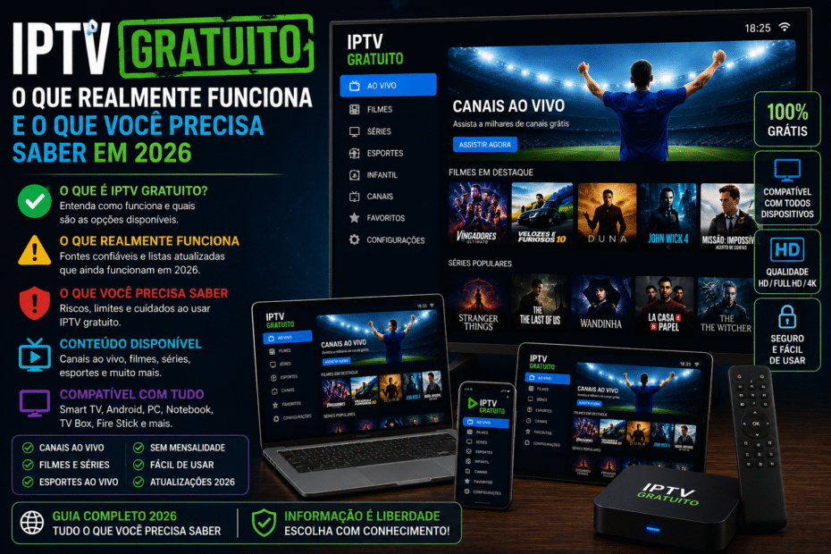 IPTV Gratuito exibido em Smart TV, notebook, tablet e smartphone com canais ao vivo, filmes, séries e informações sobre o que realmente funciona em 2026.