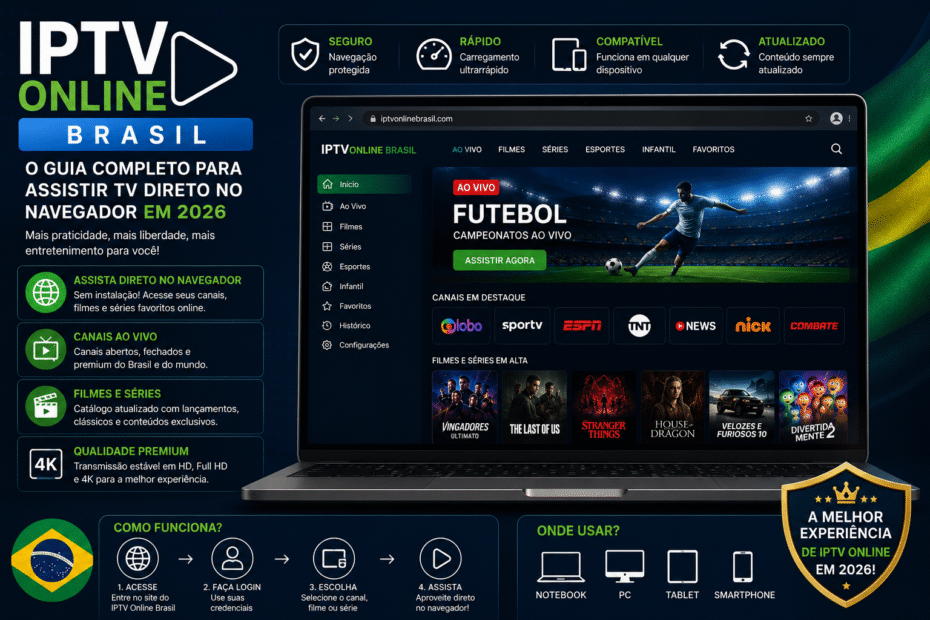 IPTV Online Brasil exibido em um navegador web em notebook moderno com canais ao vivo, filmes, séries e esportes, permitindo assistir TV online diretamente pela internet em 2026.