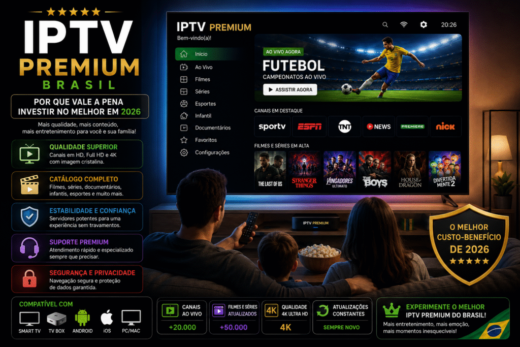 IPTV Premium Brasil exibido em uma Smart TV moderna com canais ao vivo, filmes, séries, esportes e qualidade 4K, destacando uma experiência premium de entretenimento em 2026.