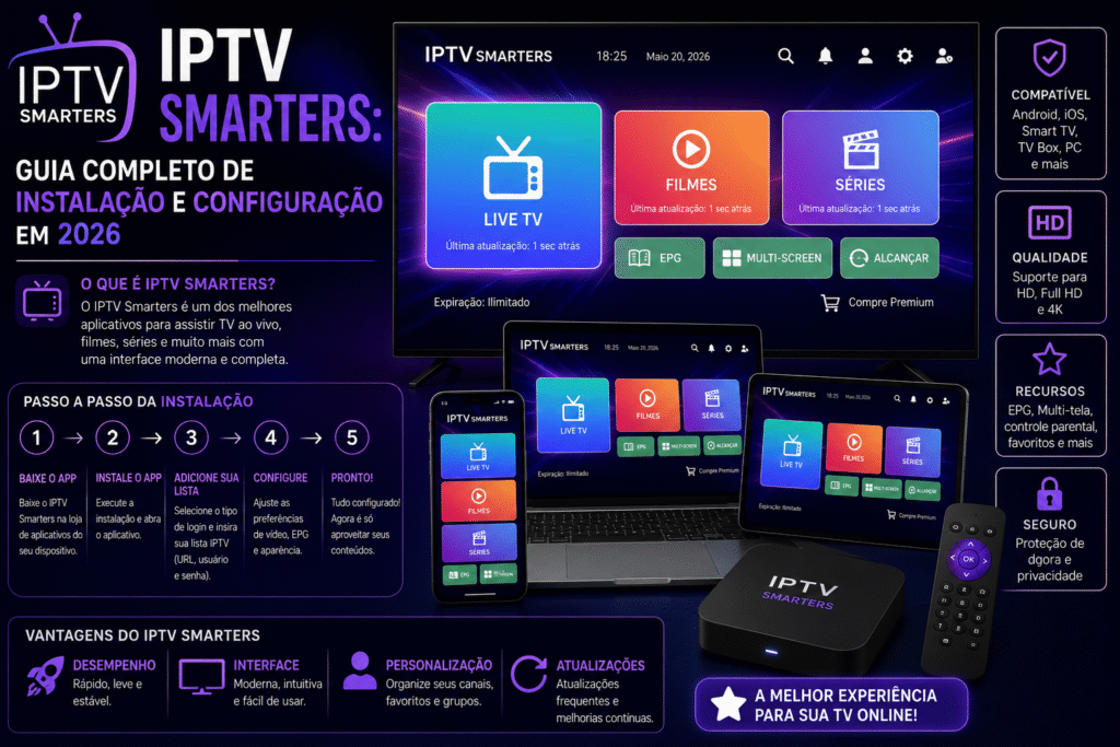 IPTV Smarters exibido em Smart TV, notebook, tablet e smartphone com interface moderna, canais ao vivo, filmes, séries e guia de instalação e configuração em 2026.