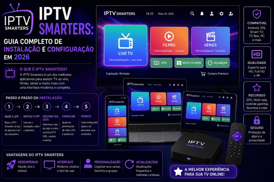 IPTV Smarters exibido em Smart TV, notebook, tablet e smartphone com interface moderna, canais ao vivo, filmes, séries e guia de instalação e configuração em 2026.