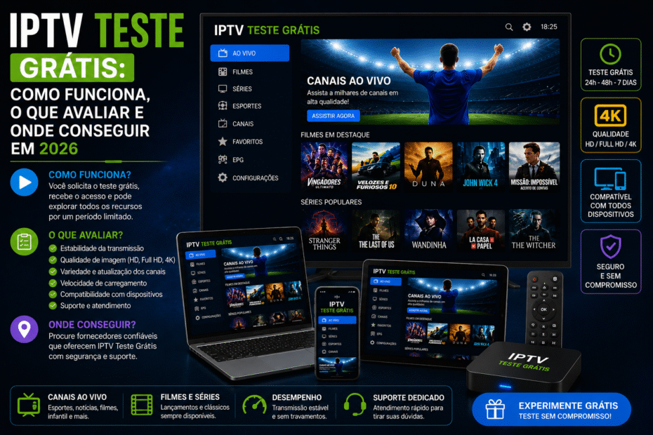 IPTV Teste Grátis exibido em Smart TV, notebook, tablet e smartphone permitindo avaliar canais ao vivo, filmes, séries e qualidade de transmissão antes da assinatura.