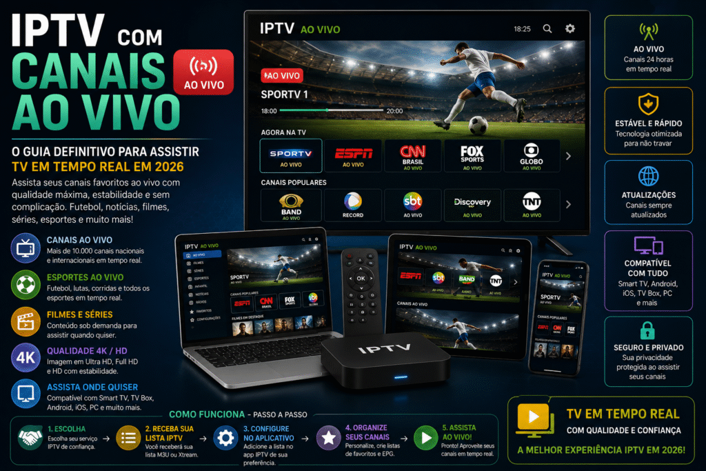 IPTV com Canais ao Vivo exibido em Smart TV, notebook, tablet e smartphone com transmissões em tempo real de esportes, notícias, filmes e entretenimento em 2026.