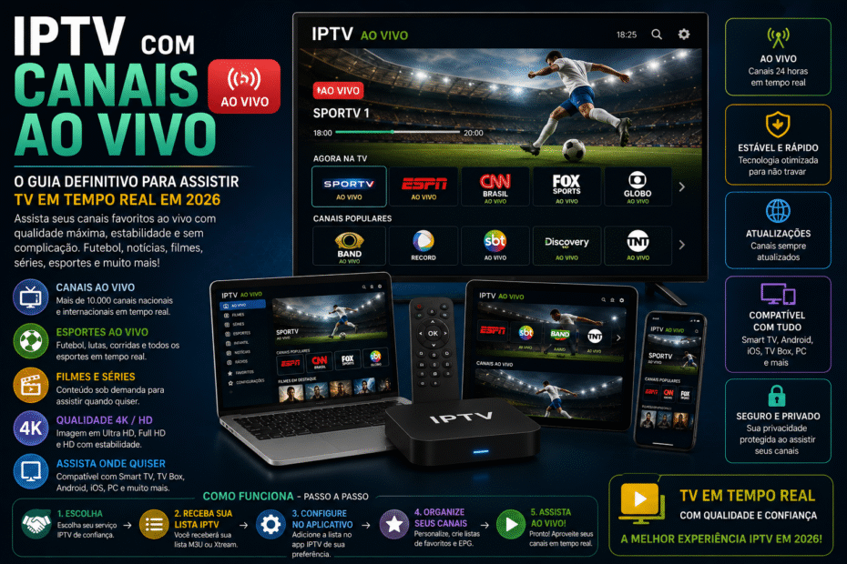 IPTV com Canais ao Vivo exibido em Smart TV, notebook, tablet e smartphone com transmissões em tempo real de esportes, notícias, filmes e entretenimento em 2026.