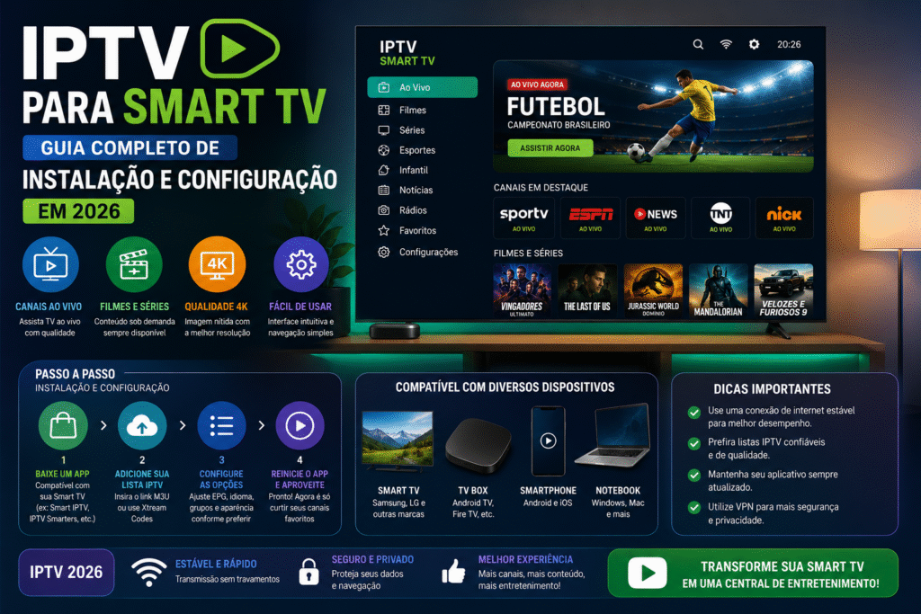 IPTV para Smart TV exibido em uma televisão moderna com interface intuitiva, canais ao vivo, filmes, séries e guia de instalação e configuração para 2026.