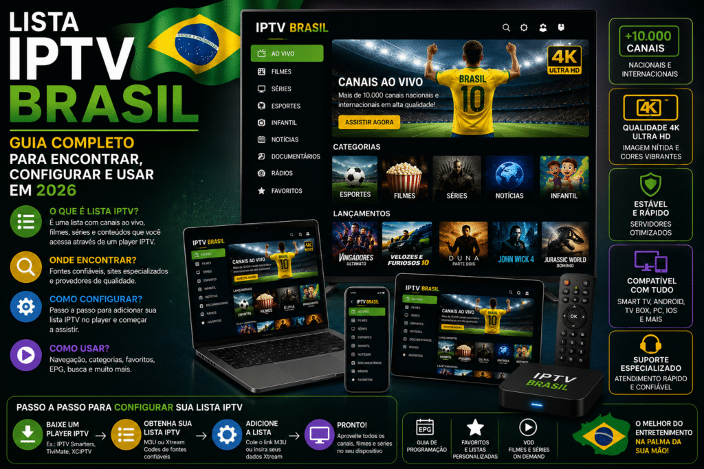 Lista IPTV Brasil exibida em Smart TV, notebook, tablet e smartphone com canais ao vivo, filmes, séries e guia completo para configurar e usar listas IPTV em 2026.