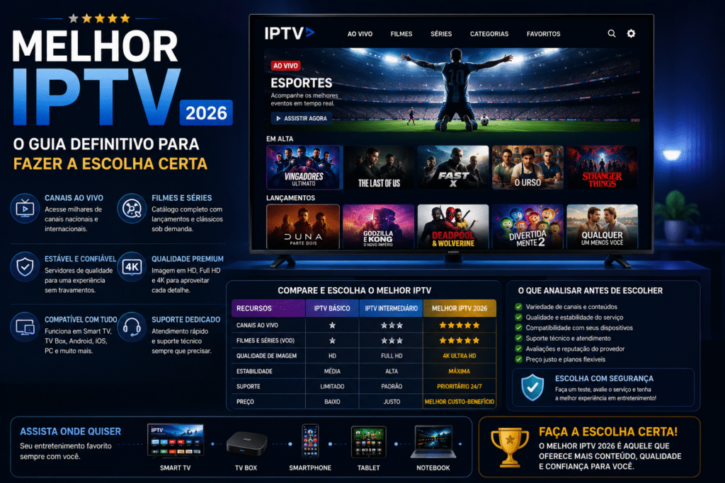 Melhor IPTV 2026 exibido em uma Smart TV moderna com canais ao vivo, filmes, séries, conteúdo 4K e comparativo dos principais recursos para escolher o melhor serviço.