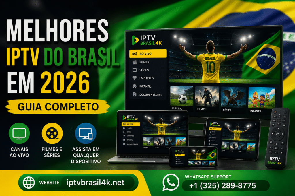Melhores IPTV do Brasil em 2026 exibidas em Smart TV, notebook, tablet e smartphone com canais ao vivo, filmes e séries em alta qualidade.