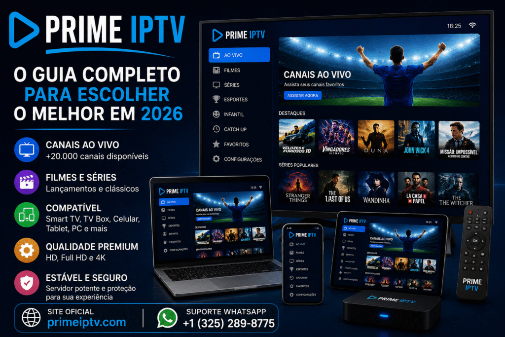 Prime IPTV exibido em Smart TV, notebook, tablet e smartphone com canais ao vivo, filmes, séries e transmissão em HD, Full HD e 4K em 2026.