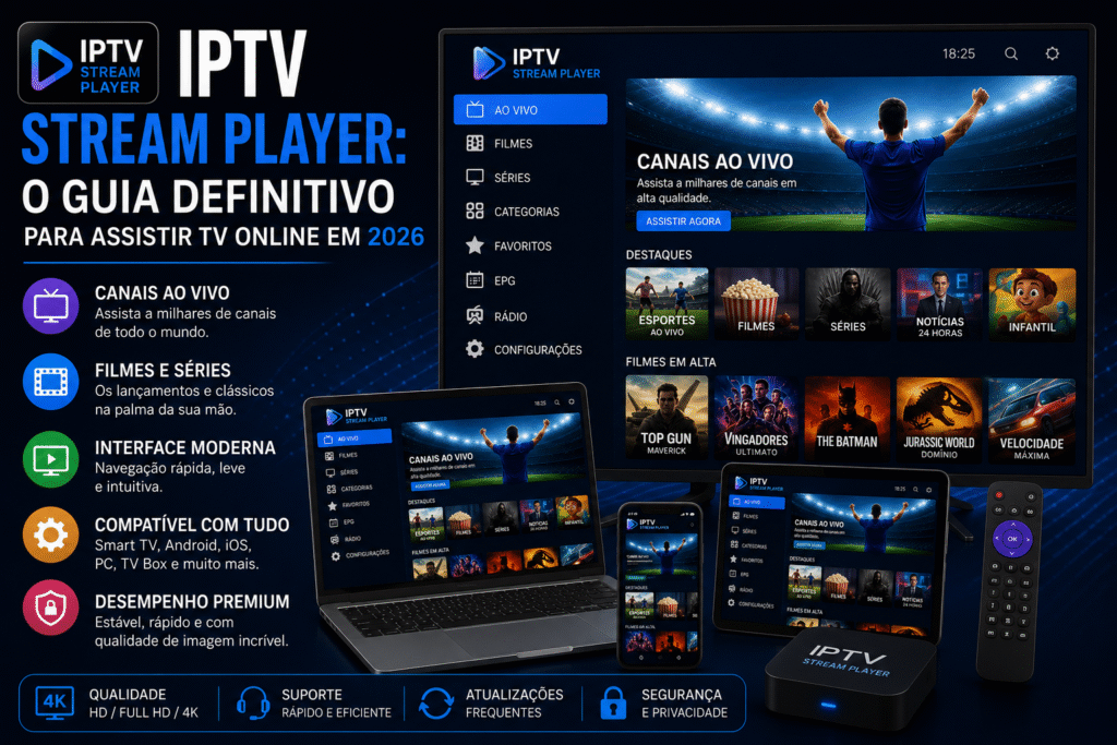 IPTV Stream Player exibido em Smart TV, notebook, tablet e smartphone com canais ao vivo, filmes, séries e interface moderna para assistir TV online em 2026.